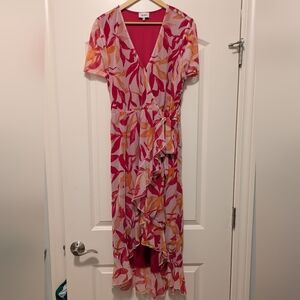 Leota  Pink and Orange Floral Wrap High-Low Dress